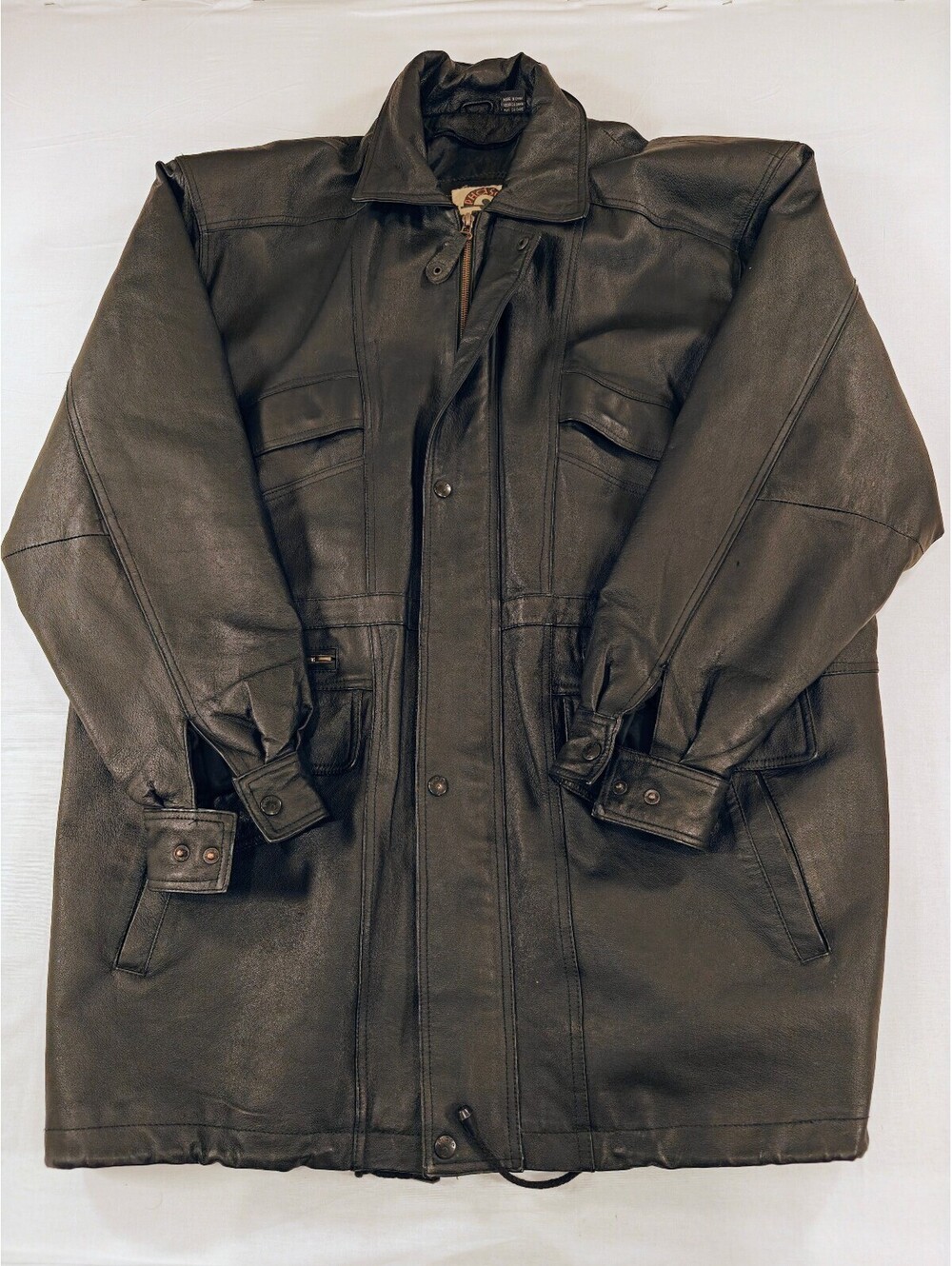 Vintage Phase 2 Black Leather Long Coat Jacket with Multiple Pockets, Size XXL